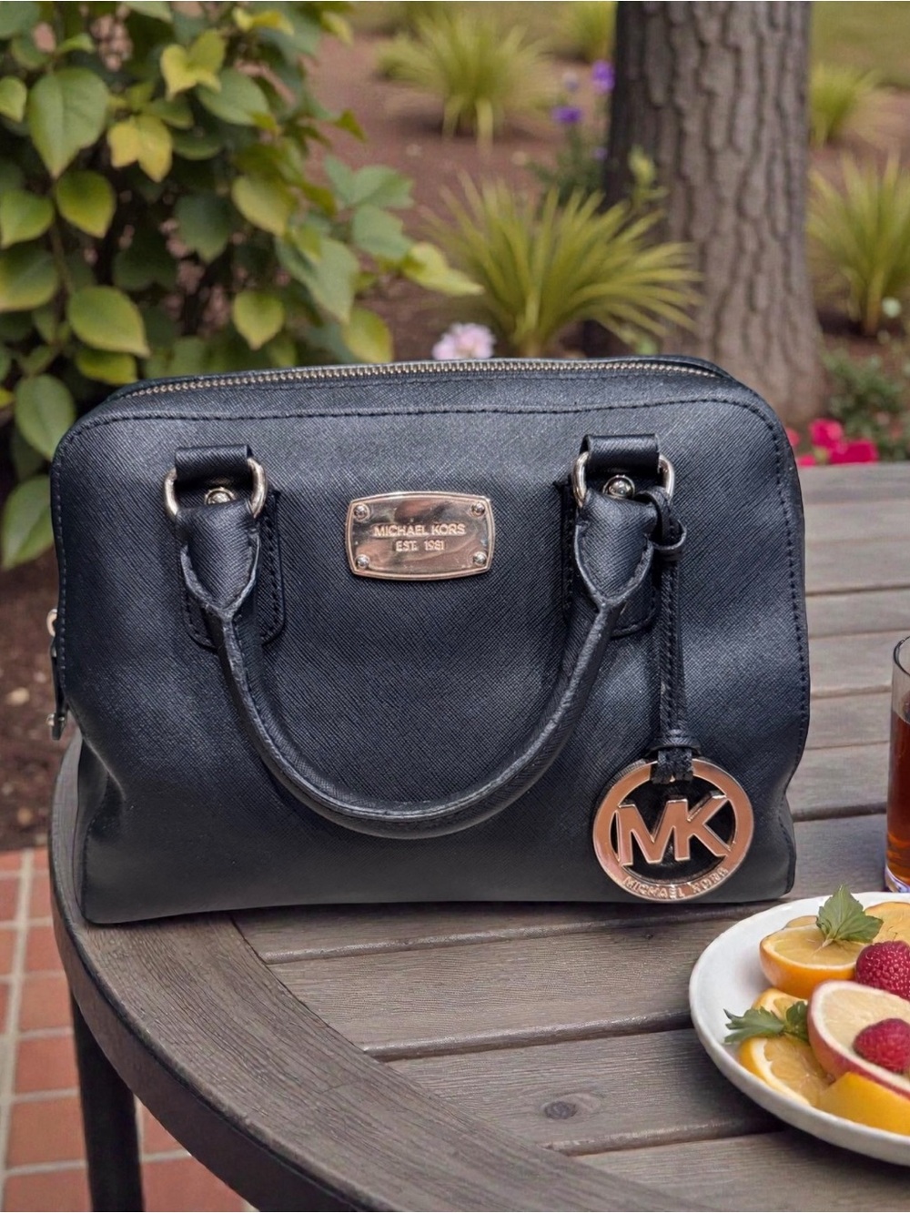 Michael Kors Black Saffiano Satchel with Gold MK Charm